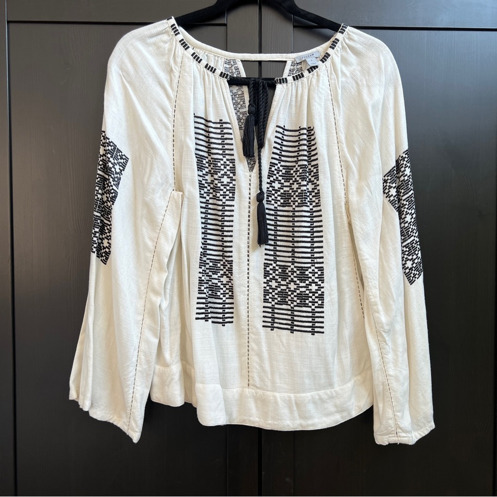 Jigsaw Off-White Peasant Blouse with Black Embroidery and Tassles Size Small